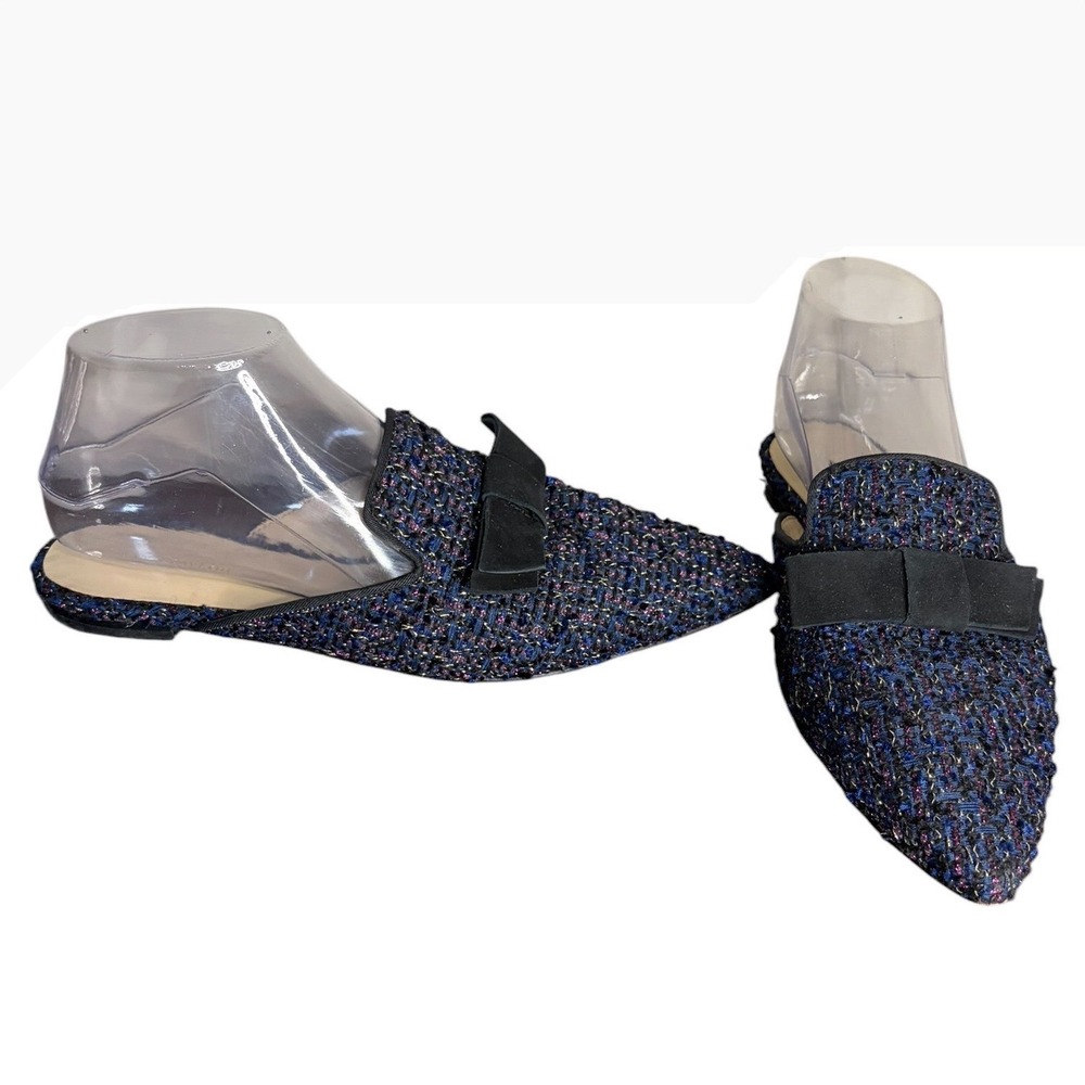 Ann Taylor Blue Tweed Bow Pointed Toe Mules Leather Sole Women's Size 8M